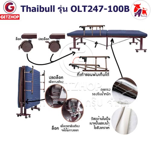 HLCBEMNN00148FAFD-4 Thaibull เตียงพับ เตียงปรับระดับได้ เตียงผู้ป่วย เตียงเสริม เตียงนอนผู้ป่วย เตียงเหล็ก Fold bed Extra bed รุ่น OLT247-100B พิเศษ! (แขนพับได้)
